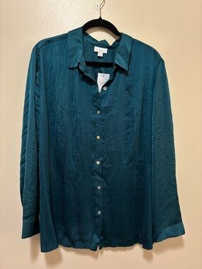 J. Jill Teal Satin Pleated Button Front Blouse size xl